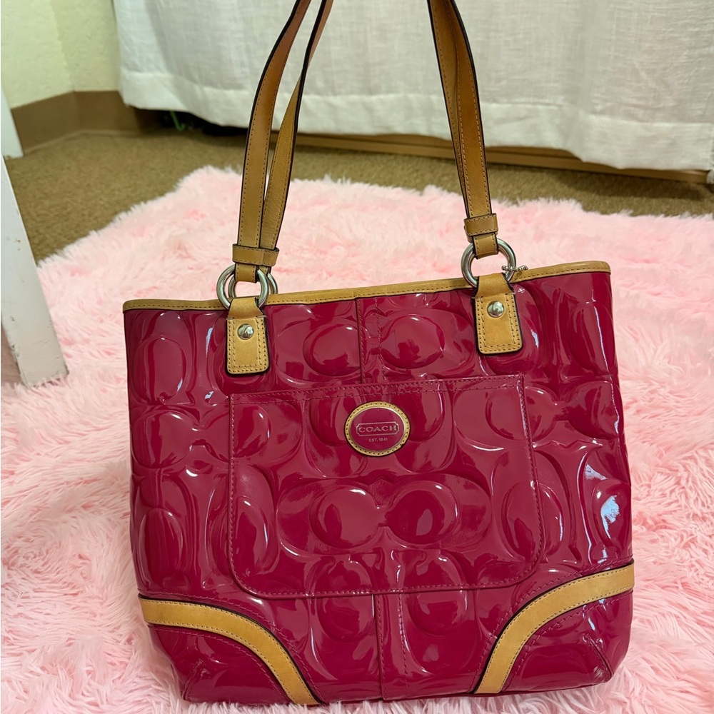 Coach Patent Leather Tote Bag in pink with Tan Trim